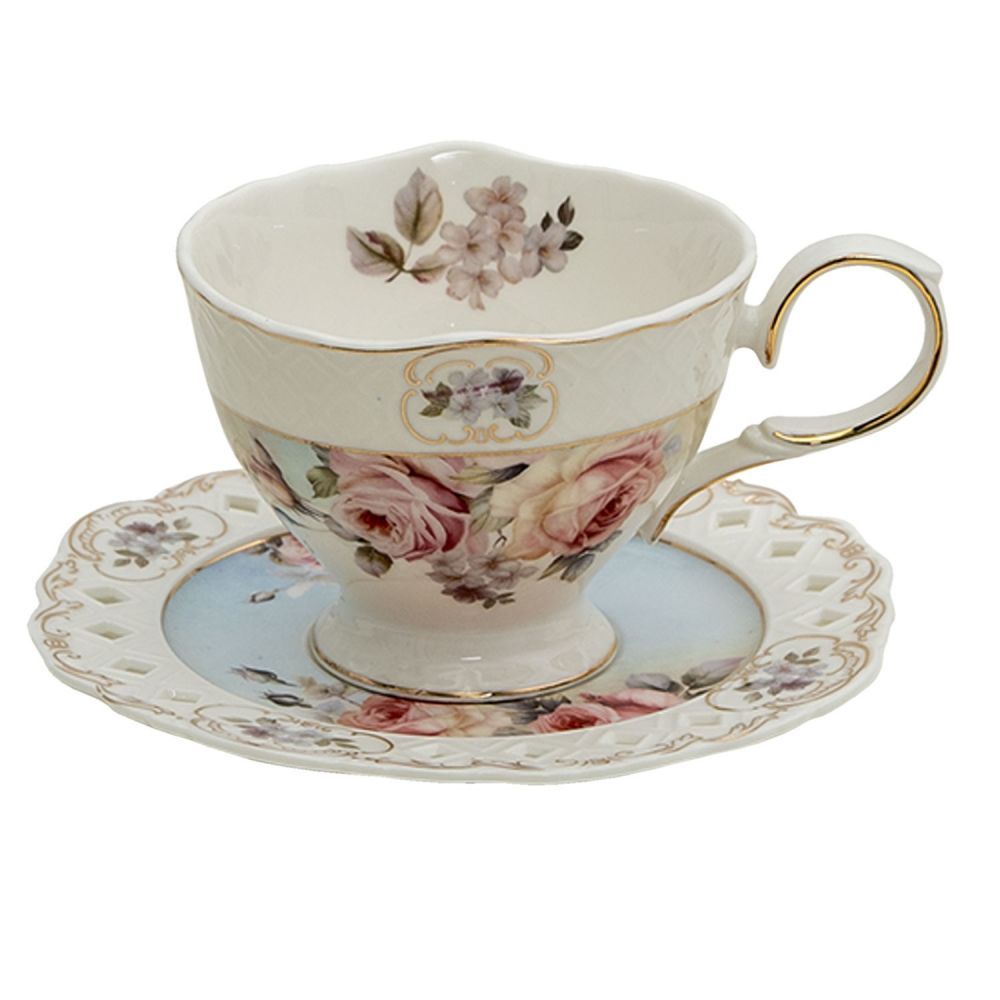 Porcelánový šálek s podšálkem Garden V - 13*10*7 / Ø 15*1 cm / 200 ml Clayre & Eef - LaHome - vintage dekorace