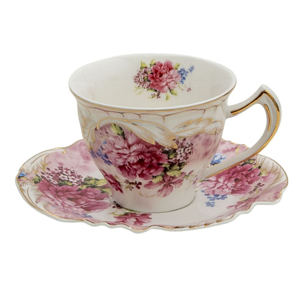 Porcelánový šálek s podšálkem Red Garden  - 12*9*7 / 14*15*1 cm / 200 ml Clayre & Eef - LaHome - vintage dekorace