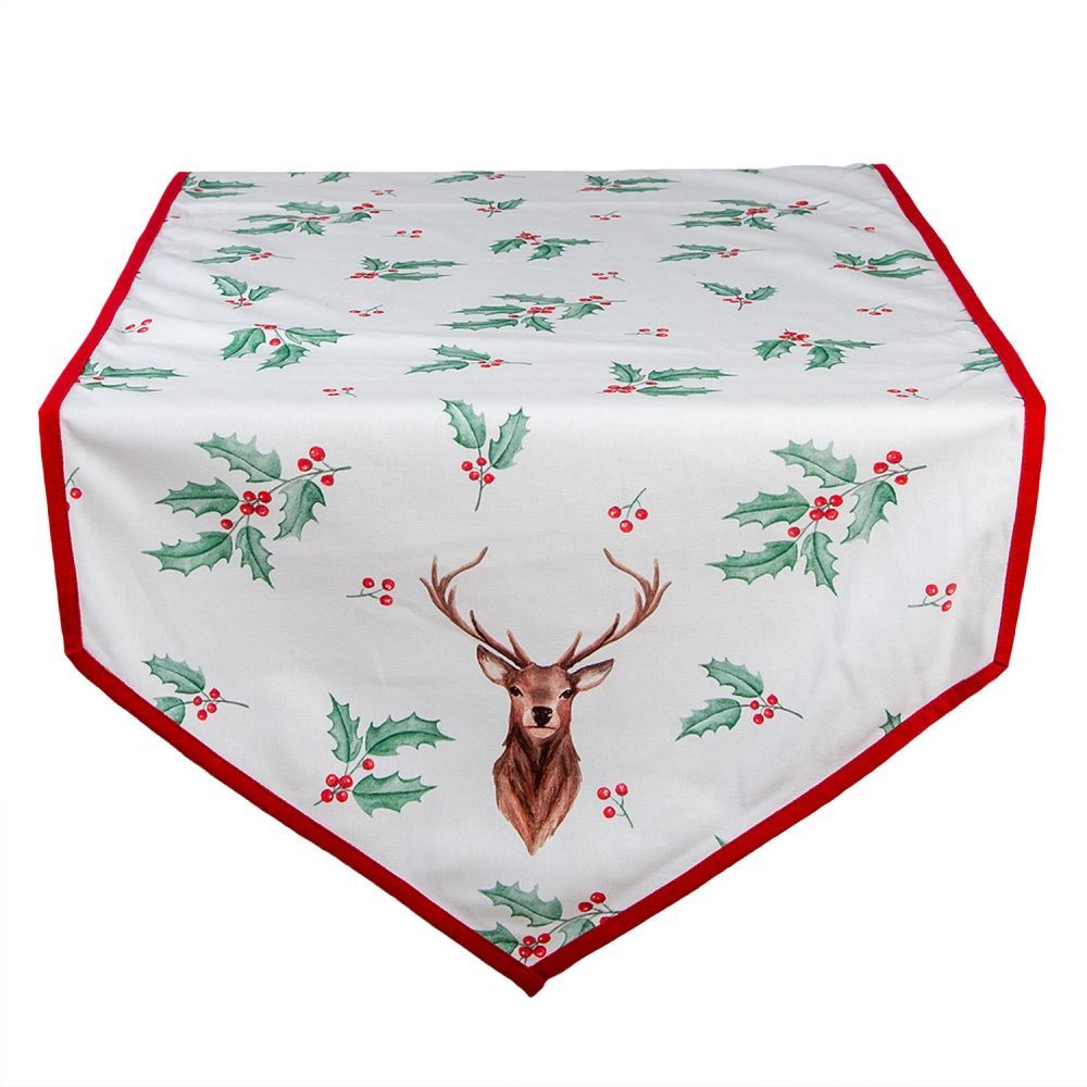 Běhoun na stůl Holly Christmas s červeným lemem a jelenem - 50*160 cm Clayre & Eef - LaHome - vintage dekorace