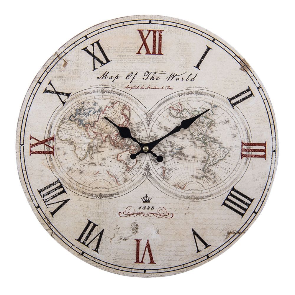 Béžové nástěnné hodiny Map of World - Ø 34*1 cm / 1*AA Clayre & Eef - LaHome - vintage dekorace