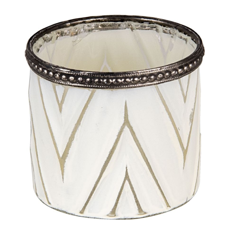 Bílý skleněný svícen se zdobeným lemem - Ø 8*7 cm Clayre & Eef - LaHome - vintage dekorace