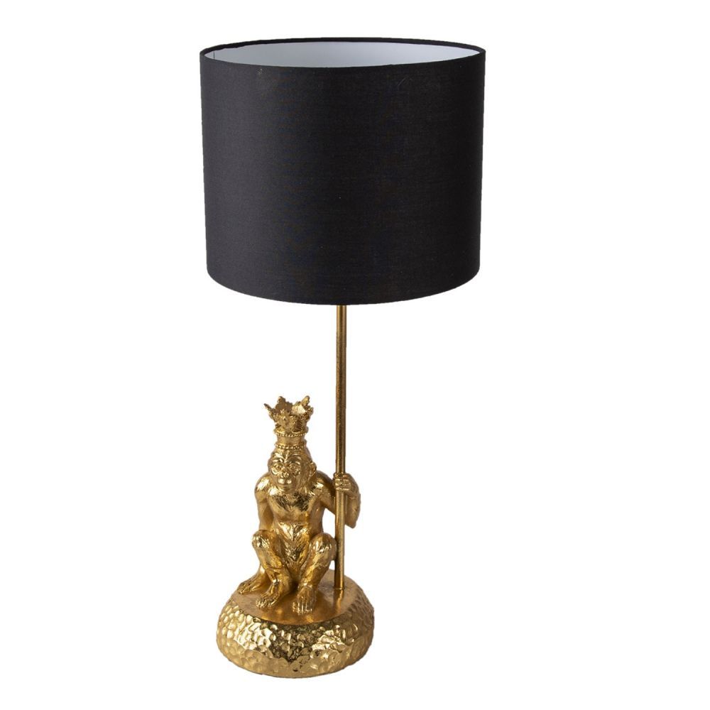Zlatá stolní lampa s opicí a korunkou a černým stínidlem Monkey King - Ø 23*45 cm E27 Clayre & Eef - LaHome - vintage dekorace