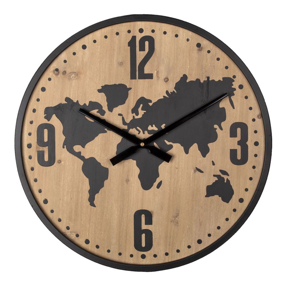 Hnědo černé nástěnné hodiny s mapou světa - Ø 50*4 cm / 1*AA Clayre & Eef - LaHome - vintage dekorace