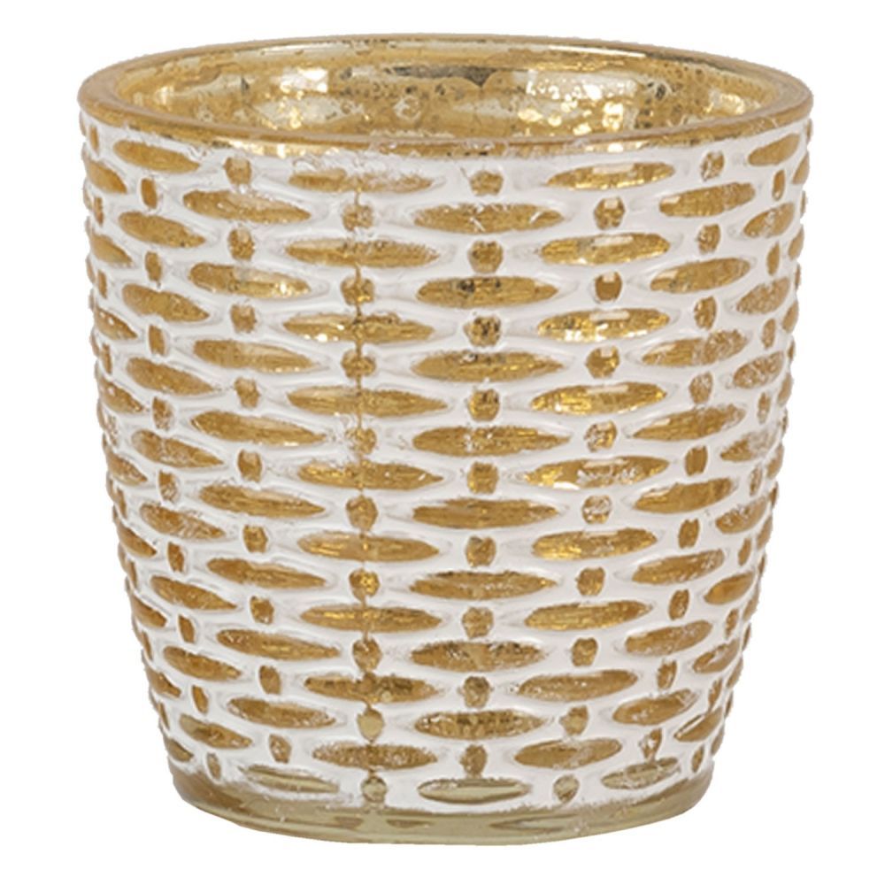 Zlatý skleněný svícen s bílým vzorem S - Ø 7*7 cm Clayre & Eef - LaHome - vintage dekorace