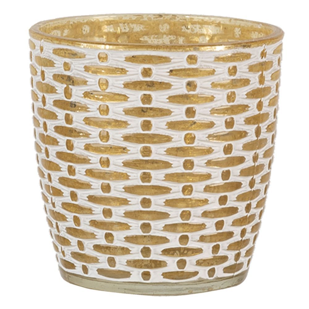 Zlatý skleněný svícen s bílým vzorem M - Ø 9*9 cm Clayre & Eef - LaHome - vintage dekorace