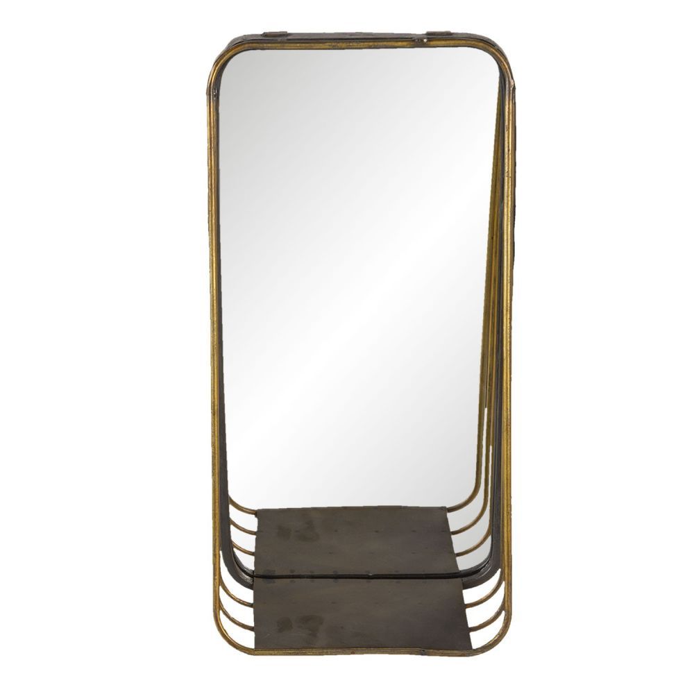 Zlaté podlouhlé zrcadlo v kovovém rámu s dřevěnou poličkou Gold - 19*11*39 cm Clayre & Eef - LaHome - vintage dekorace