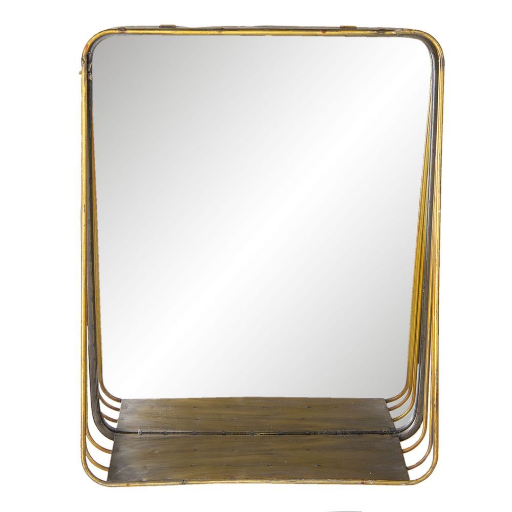 Zlaté retro zrcadlo v kovovém rámu s dřevěnou poličkou Gold - 34*11*42 cm Clayre & Eef - LaHome - vintage dekorace