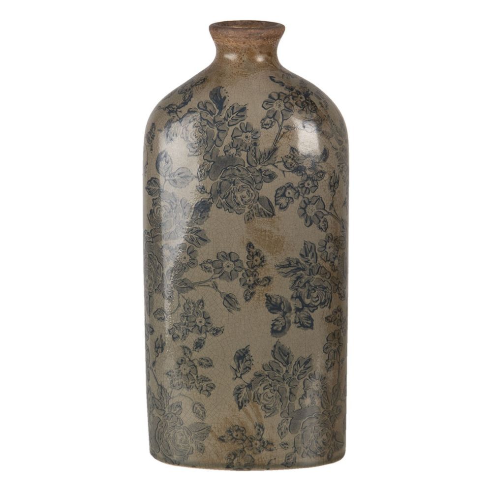 Hnědá keramická váza s modrým potiskem a popraskáním M - 14*7*31 cm Clayre & Eef - LaHome - vintage dekorace