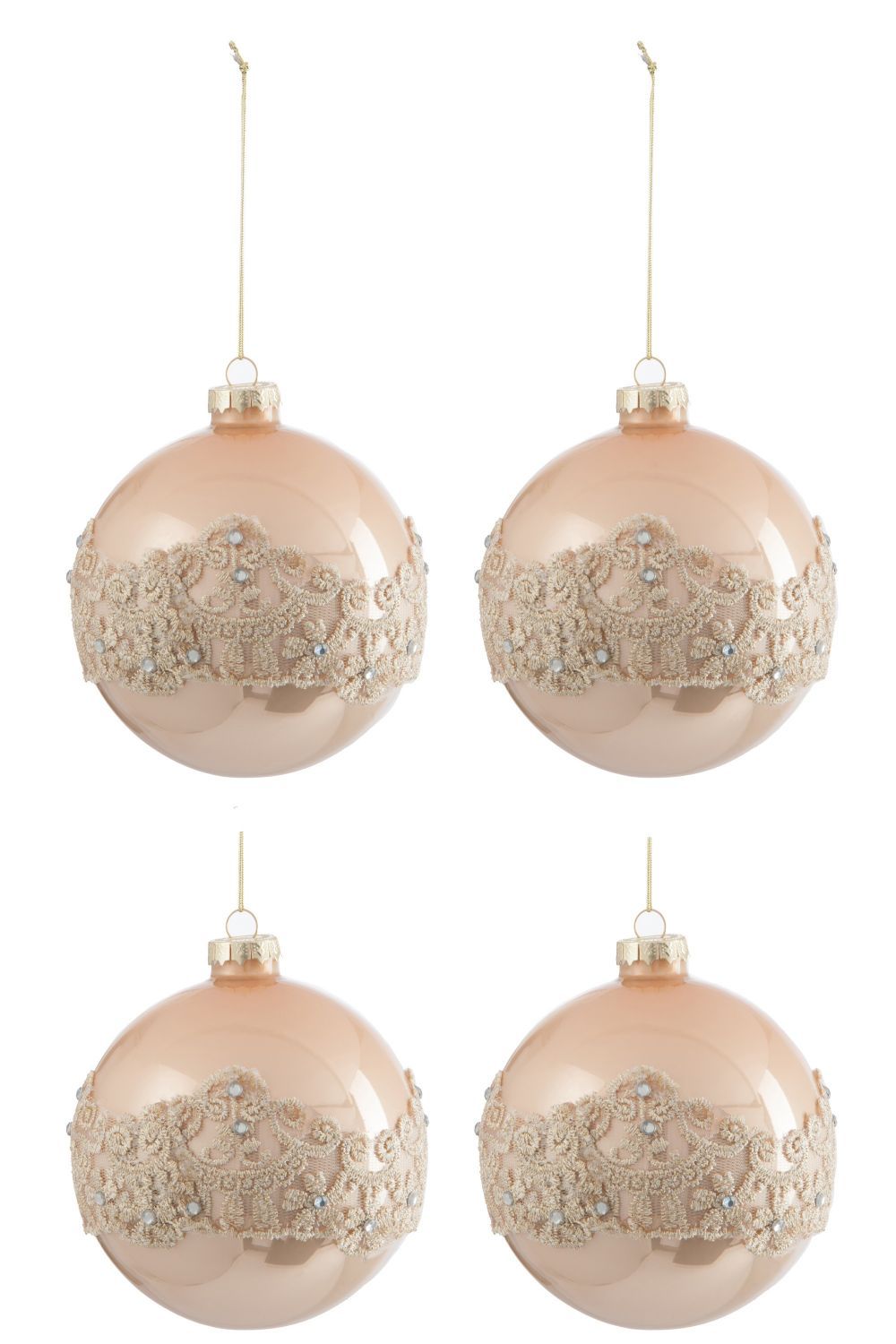 Sada béžovo zlatých vánočních koulí s krajkou L (4ks) - 10*10*10 cm J-Line by Jolipa - LaHome - vintage dekorace