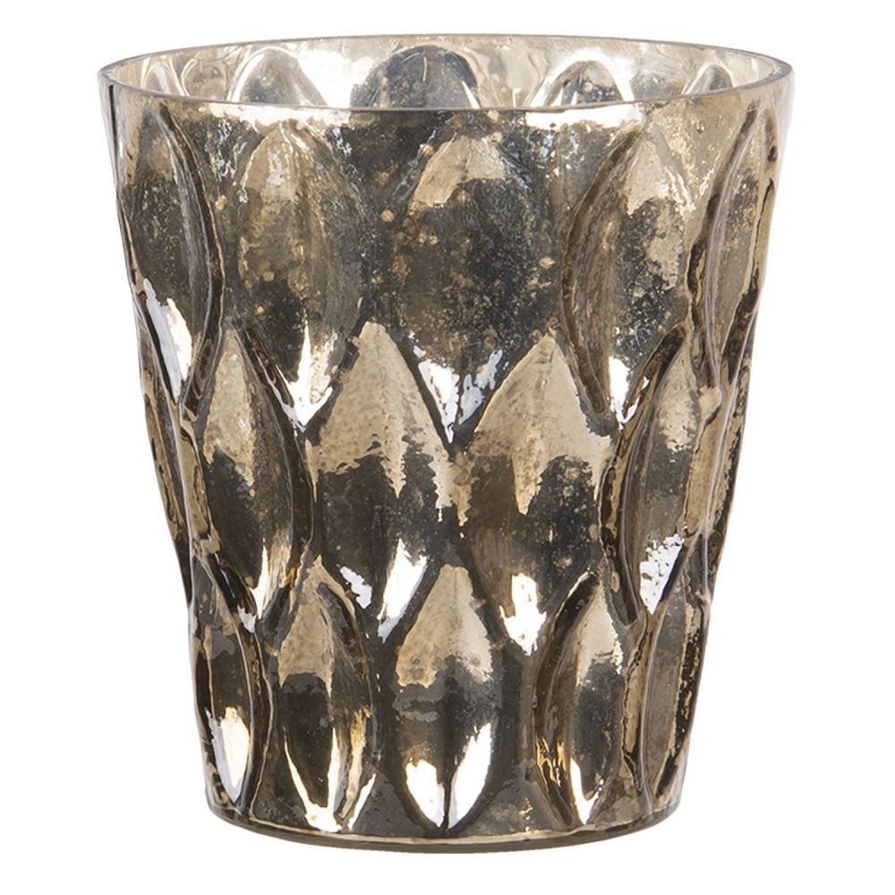 Hnědý skleněný svícen na čajovou svíčku s patinou - Ø 11*9 cm Clayre & Eef - LaHome - vintage dekorace