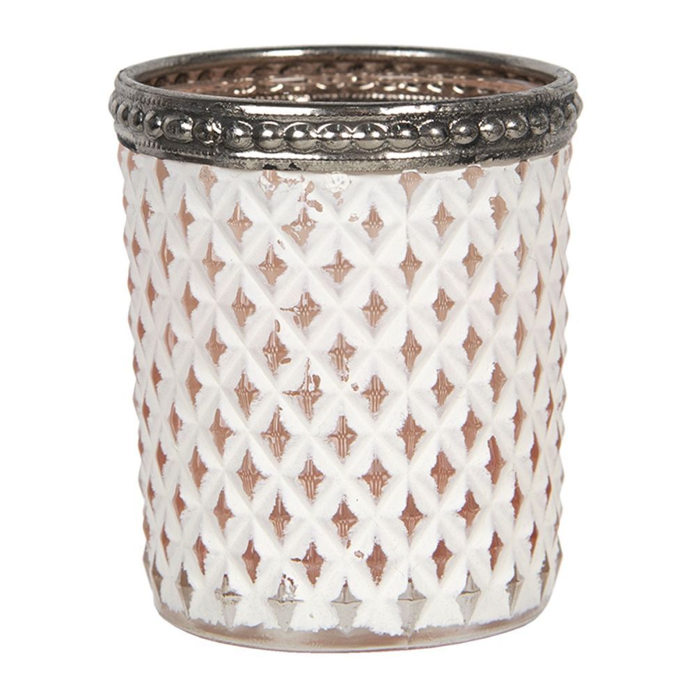 Hnědo bílý skleněný svícen s poškrábáním a zdobeným hrdlem - Ø 5*6 cm Clayre & Eef - LaHome - vintage dekorace