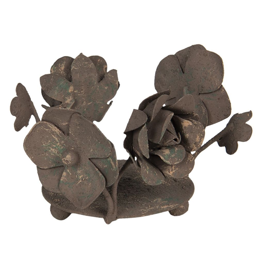 Hnědý kovový svícen s květinami a patinou - 5*8*6 cm Clayre & Eef - LaHome - vintage dekorace