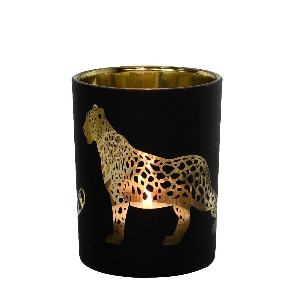 Černo zlatý skleněný svícen s jaguárem L - 10*10*12cm Mars & More - LaHome - vintage dekorace
