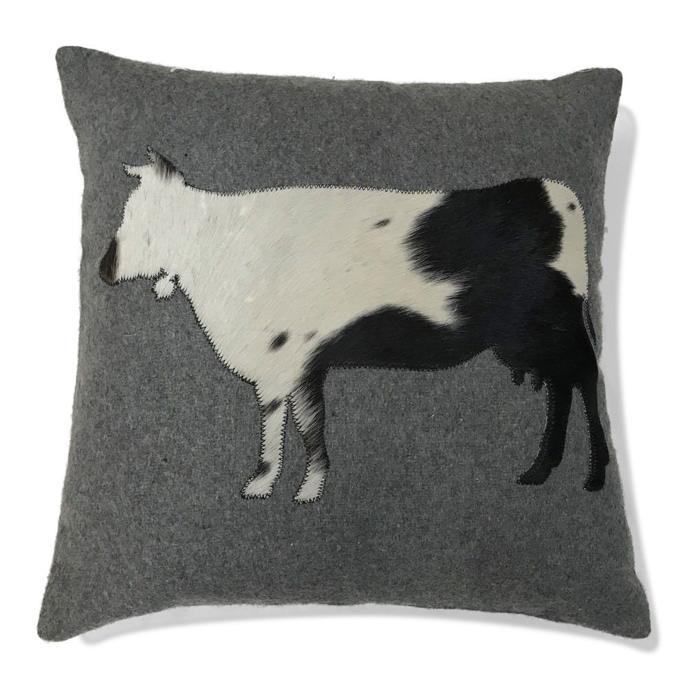 Šedý vlněný polštář s krávou z hovězí kůže / bílo,černá - 45*45*10cm Mars & More - LaHome - vintage dekorace