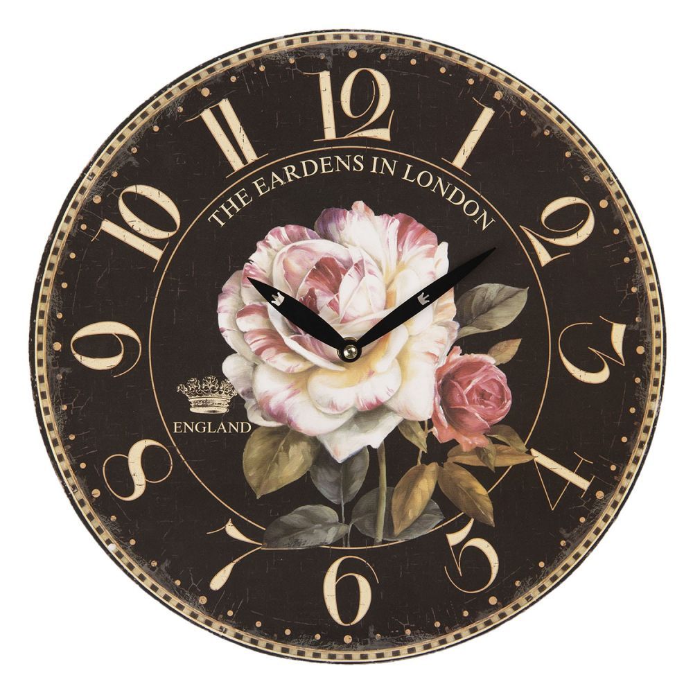 Černé vintage nástěnné hodiny s růžemi – Ø 34*3 cm / 1*AA Clayre & Eef - LaHome - vintage dekorace