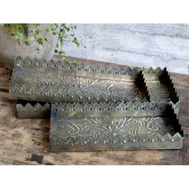 Set 3ks mosazný antik kovový podnos s patinou Flowre - 40*18*5cm Chic Antique