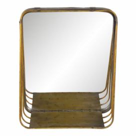 Zlaté čtvercové zrcadlo v kovovém rámu s dřevěnou poličkou Gold - 26*11*32 cm Clayre & Eef