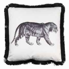 Bílo černý polštář s tygrem a třásněmi - 45*45 cm Clayre & Eef LaHome - vintage dekorace