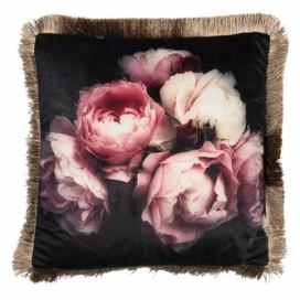 Černý polštář s růžemi a třásněmi - 45*45 cm Clayre & Eef LaHome - vintage dekorace