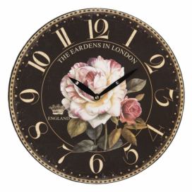 Černé vintage nástěnné hodiny s růžemi – Ø 34*3 cm / 1*AA Clayre & Eef