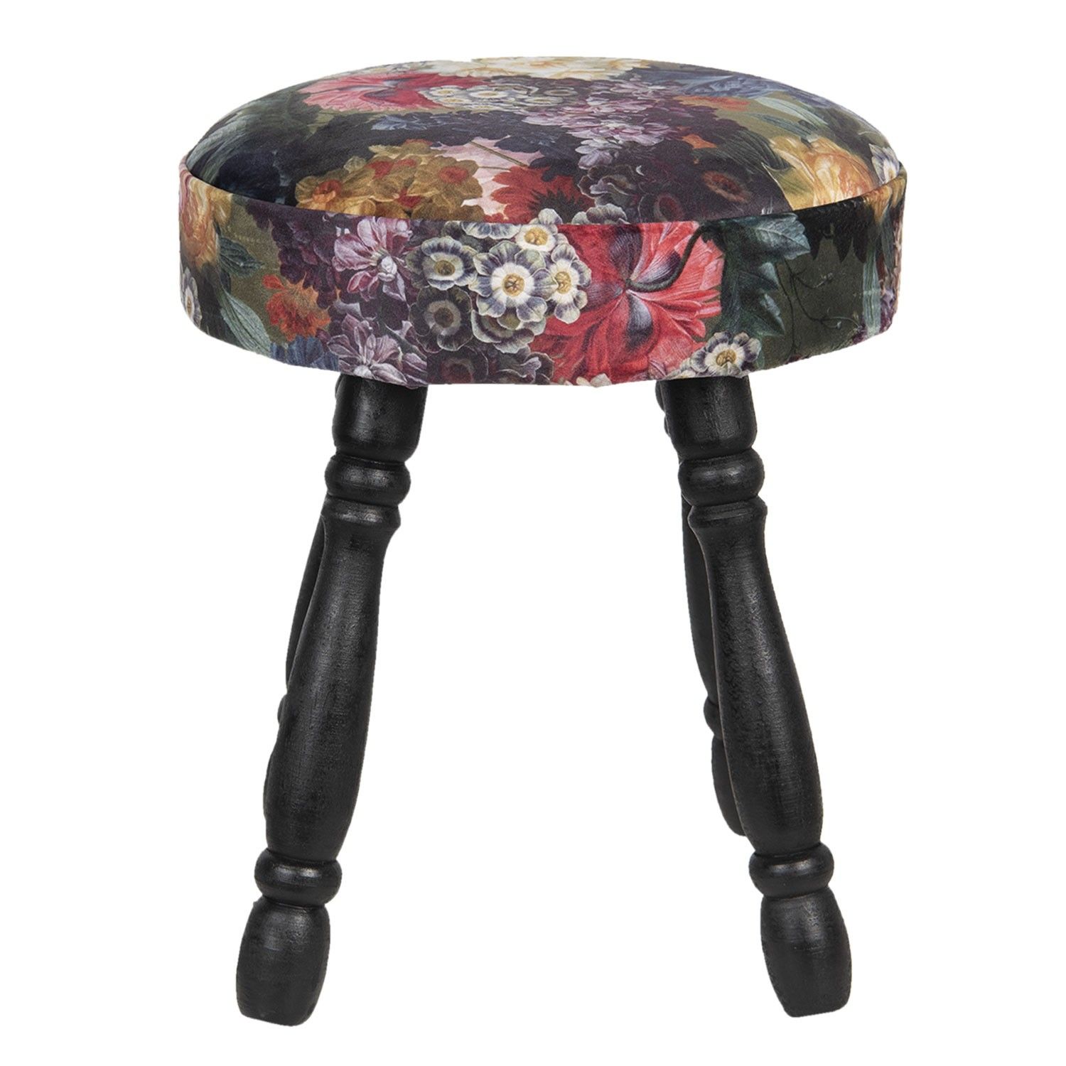 Černá dřevěná stolička s květovaným sedákem - Ø 30*37 cm Clayre & Eef - LaHome - vintage dekorace