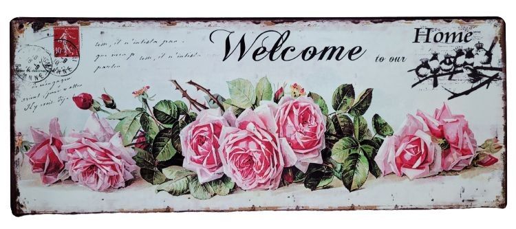 Nástěnná kovová cedule s růžemi Welcome Home - 50*20 cm Ostatní - LaHome - vintage dekorace