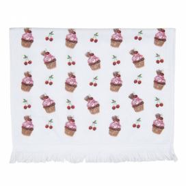 Bílý kuchyňský froté ručník s dortíčky Cherry Cupcake - 40*66 cm Clayre & Eef