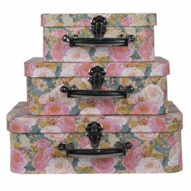 Set 3 ks úložných růžových kufříků s květy - 30*22*10/25*19*9/20*16*8 cm Clayre & Eef