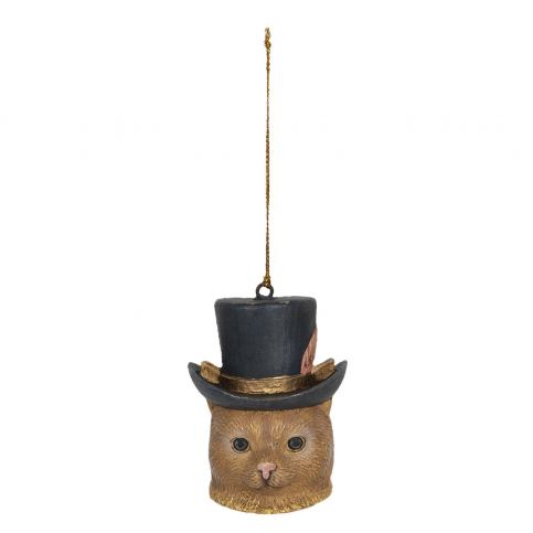 Závěsná dekorace hlava kočky s kloboukem - 6*6*8 cm Clayre & Eef LaHome - vintage dekorace