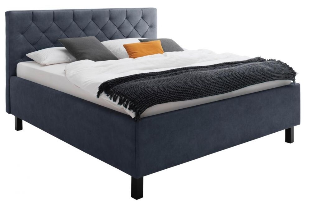 Modrá koženková dvoulůžková postel Meise Möbel San Remo 180 x 200 cm s úložným prostorem - Designovynabytek.cz