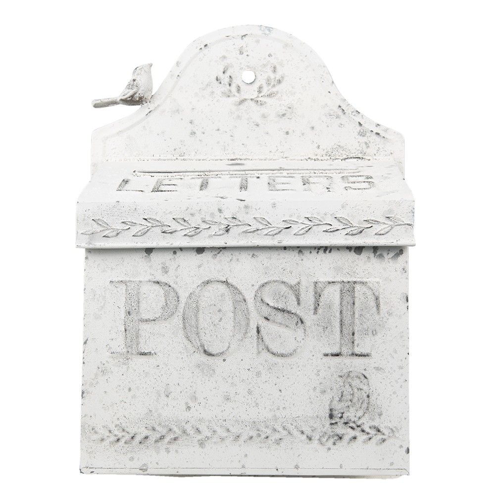 Bílá plechová schránka s ptáčkem a patinou POST - 29*12*41 cm Clayre & Eef - LaHome - vintage dekorace