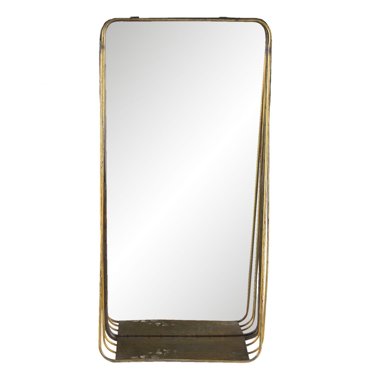 Zlaté obdélníkové zrcadlo v kovovém rámu s dřevěnou poličkou Gold- 29*11*59 cm Clayre & Eef - LaHome - vintage dekorace