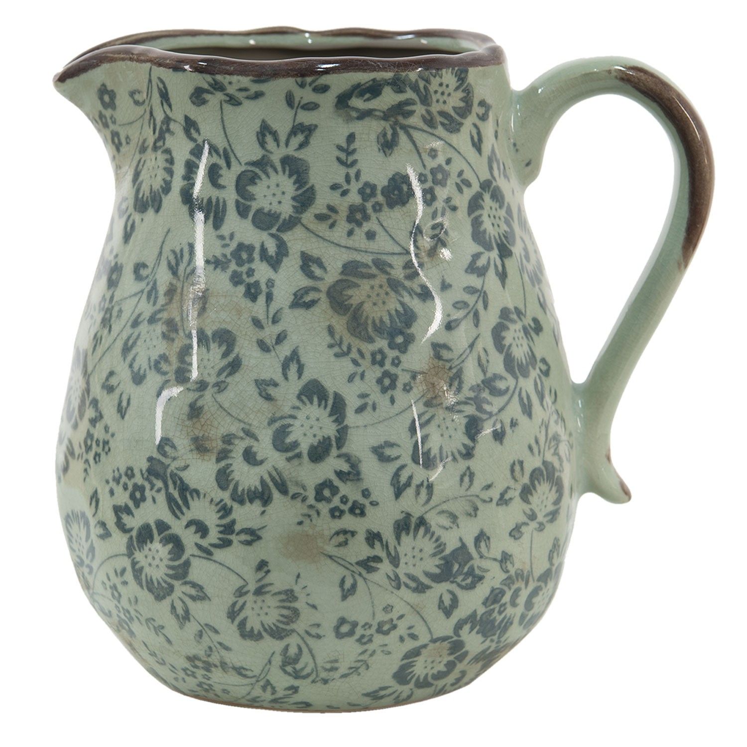 Zelený dekorační džbán s modrými květy Minty - 16*13*15 cm Clayre & Eef - LaHome - vintage dekorace
