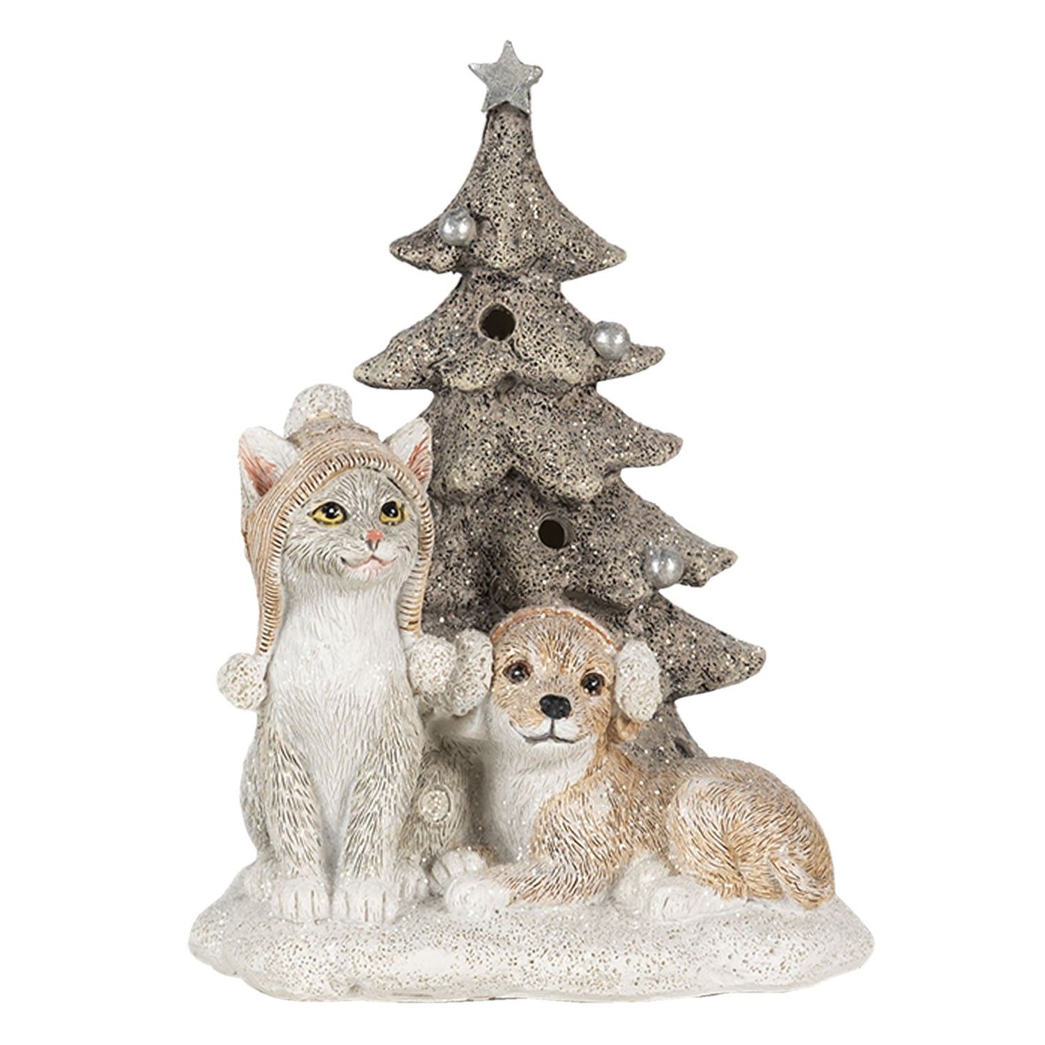 Vánoční dekorativní soška pejska a kočičky u stromečku - 11*9*15 cm LED osvětlení Clayre & Eef - LaHome - vintage dekorace