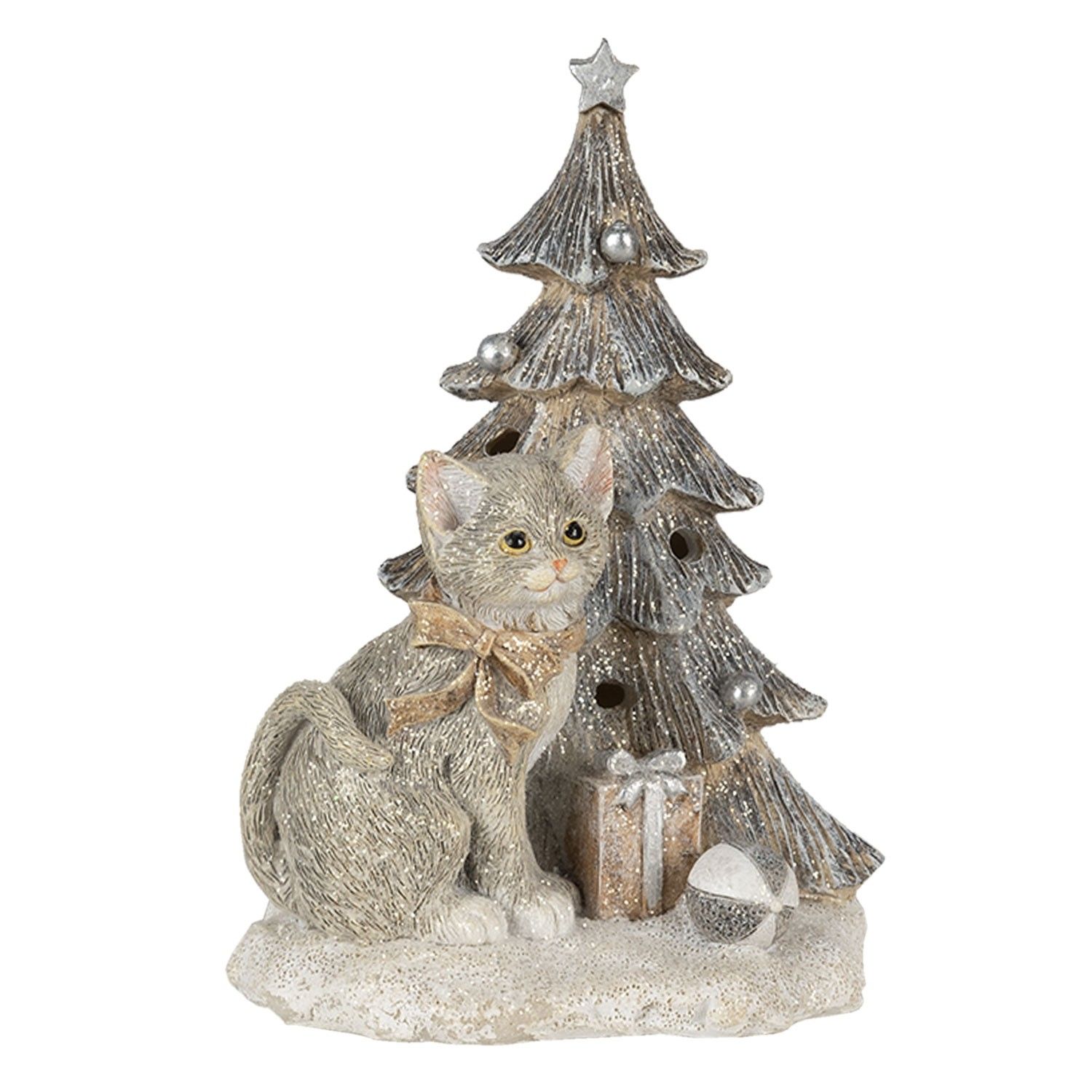 Vánoční dekorativní soška kočky u stromečku - 12*9*16 cm LED osvětlení Clayre & Eef - LaHome - vintage dekorace