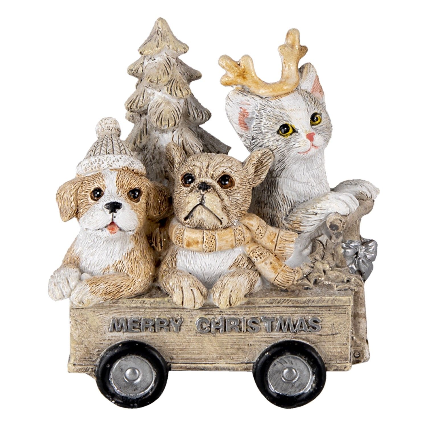 Vánoční dekorativní soška s pejskama a kočičkou ve vozíku - 9*7*11 cm Clayre & Eef - LaHome - vintage dekorace