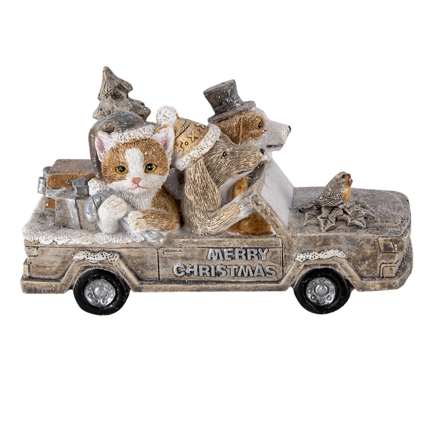 Vánoční dekorativní soška s kočkou a pejsky v autě - 15*7*9 cm Clayre & Eef - LaHome - vintage dekorace