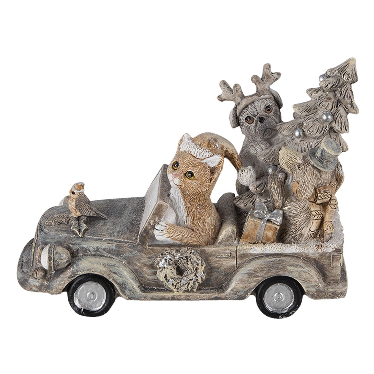 Vánoční dekorativní soška pejsků a kočičkou v autě se stromečkem - 16*8*11 cm Clayre & Eef - LaHome - vintage dekorace