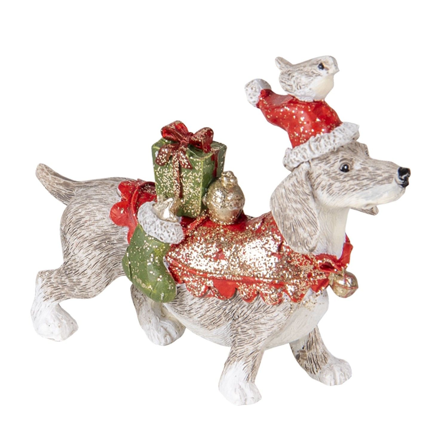 Dekorativní soška psa s dárky a čepicí - 9*3*8 cm Clayre & Eef - LaHome - vintage dekorace