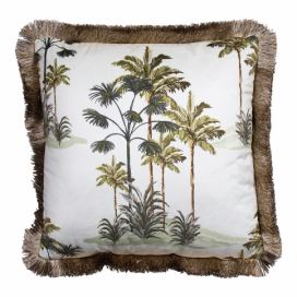 Sametový krémový polštář s palmami a třásňovitým okrajem - 45*45*10cm Mars & More LaHome - vintage dekorace