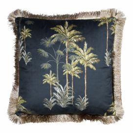 Černý sametový polštář s palmami a třásňovitým lemem - 45*45*10cm Mars & More LaHome - vintage dekorace