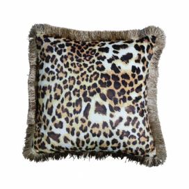 Sametový polštář s motivem leopardí kůže a zlatými třásněmi - 45*45*10cm Mars & More LaHome - vintage dekorace