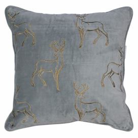 Šedý sametový polštář s měděnými jeleny - 45*45*16cm Mars & More LaHome - vintage dekorace