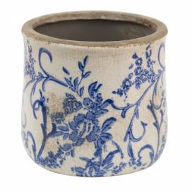 Keramický obal na květináč s modrými květy Saten - Ø  17*16 cm Clayre & Eef