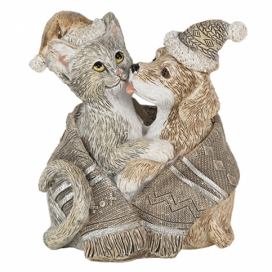 Vánoční dekorativní soška pejska a kočičky s čepicemi - 8*5*9 cm Clayre & Eef LaHome - vintage dekorace
