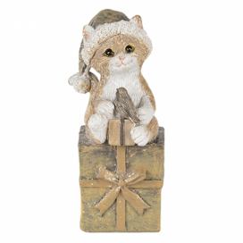 Vánoční dekorativní soška kočky s čepicí na dárku - 5*4*10 cm Clayre & Eef