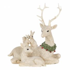 Vánoční dekorativní soška jelena s laní a veverkami - 16*9*18  cm Clayre & Eef