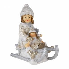 Vánoční dekorativní soška holčičky na saních s panenkou - 10*5*10 cm Clayre & Eef