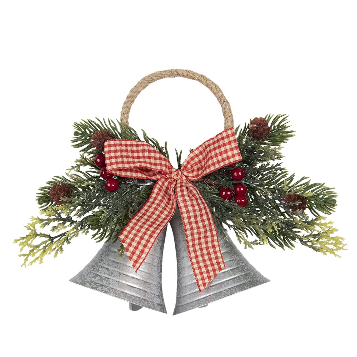 Vánoční dekorace stříbrné zvonky s větvičkou a mašlí - 23*8*18 cm Clayre & Eef - LaHome - vintage dekorace