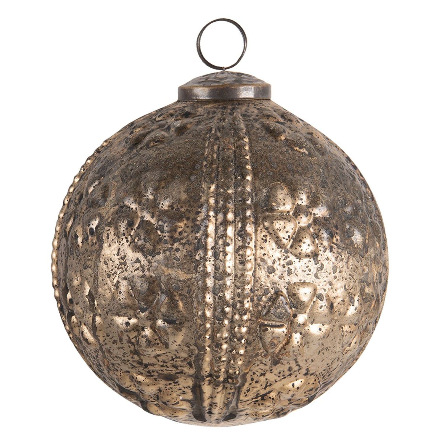 Hnědo zlatá zdobená vánoční koule s odřeninami a patinou - Ø 12 cm Clayre & Eef - LaHome - vintage dekorace